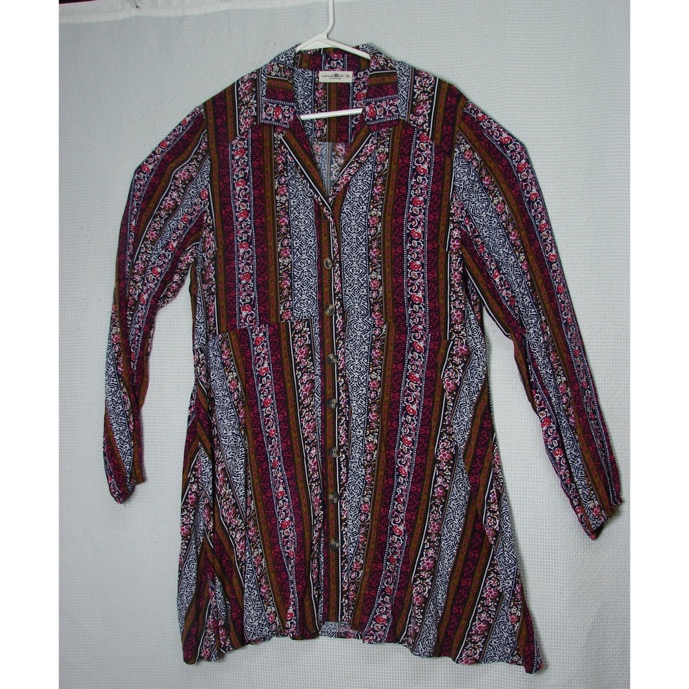Natural Life Ansley Long Sleeve Button Front Boho Floral Stripe Shirt Dress XL